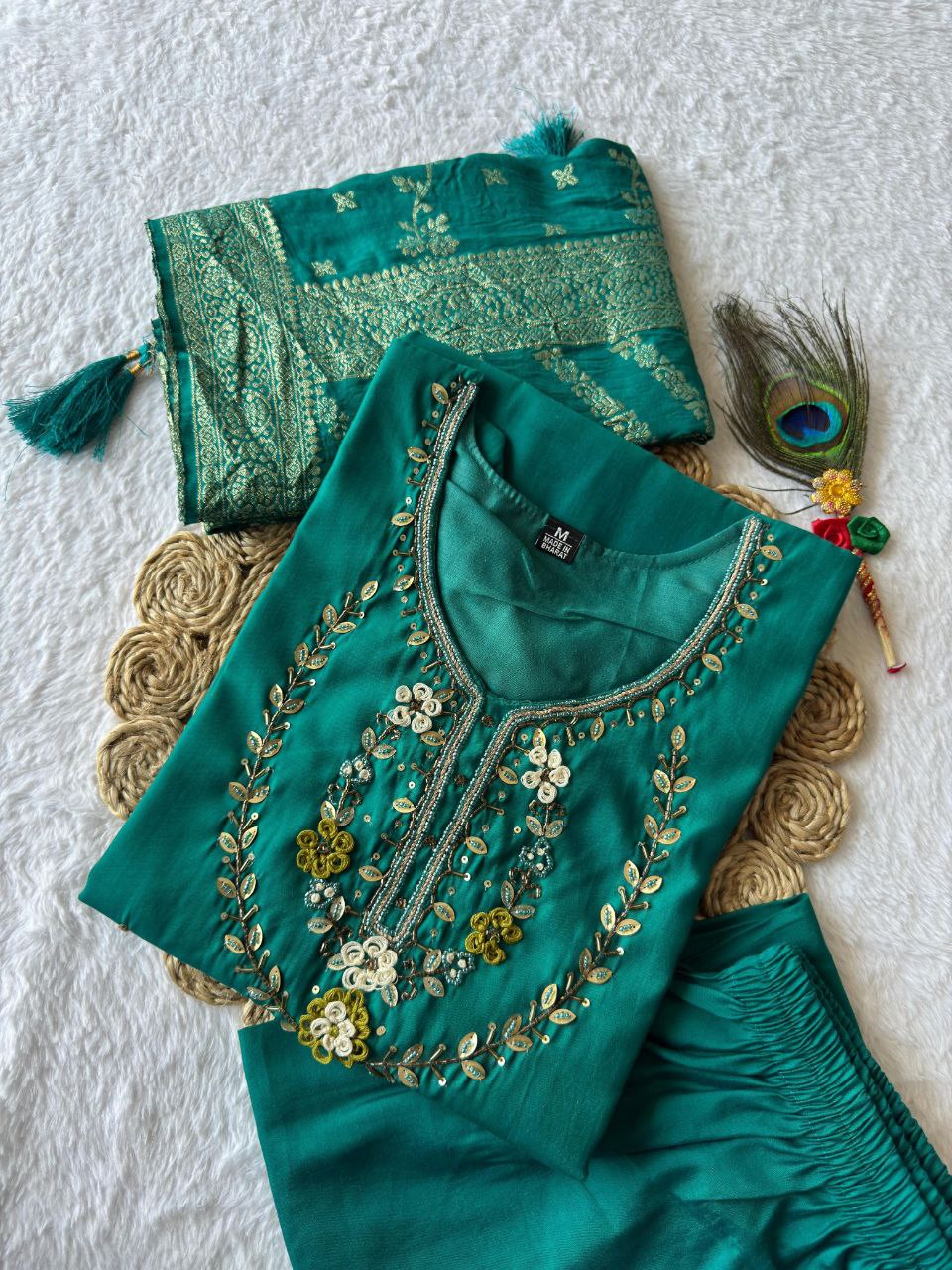 Lorenvalley Fashion Teal Roman Silk Hand Work Kurta Pant with Dupatta