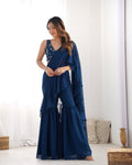 Lorenvalley Teal Faux Georgette Ready To Wear Sharara Saree with Full Stitched Blouse