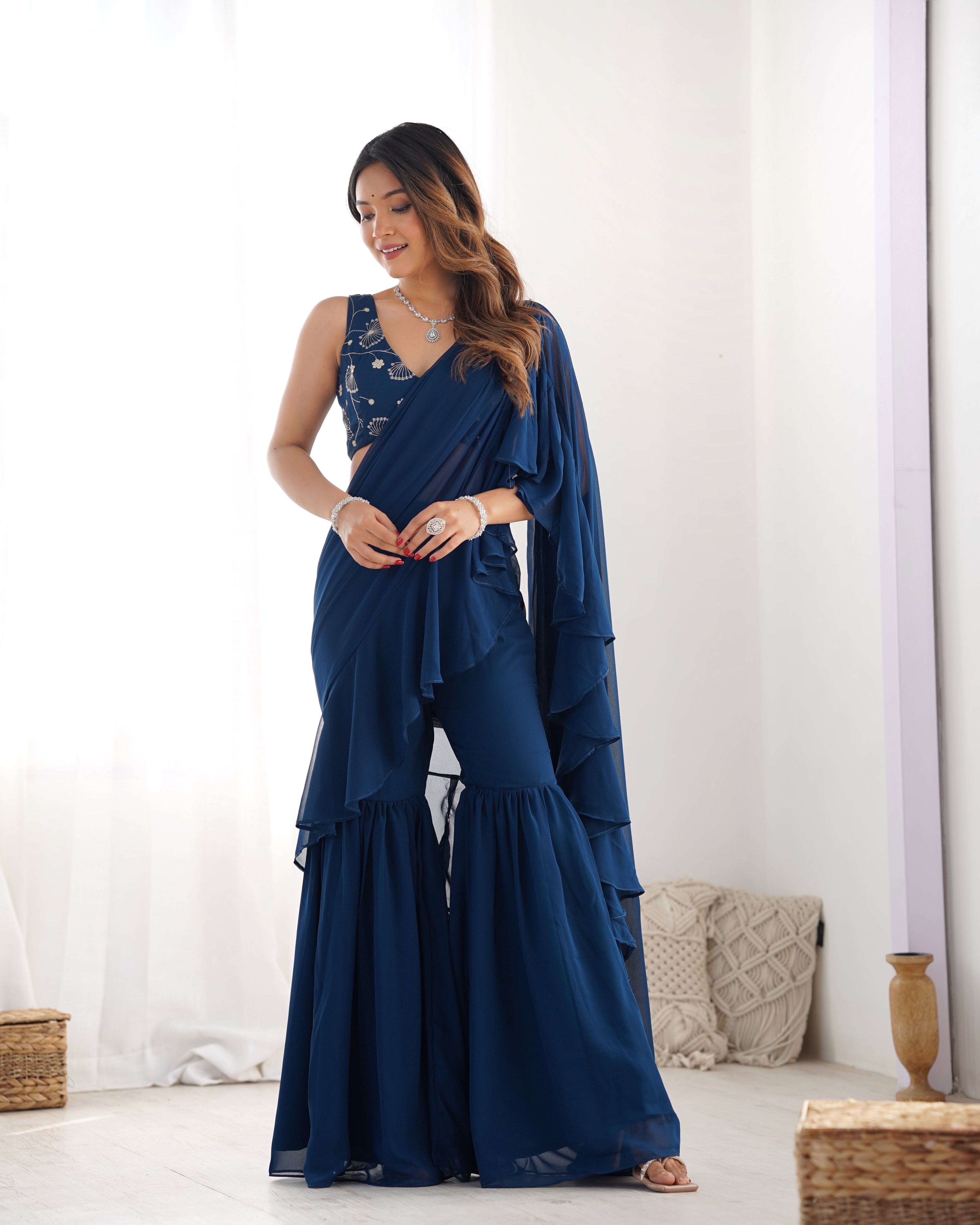 Lorenvalley Teal Faux Georgette Ready To Wear Sharara Saree with Full Stitched Blouse