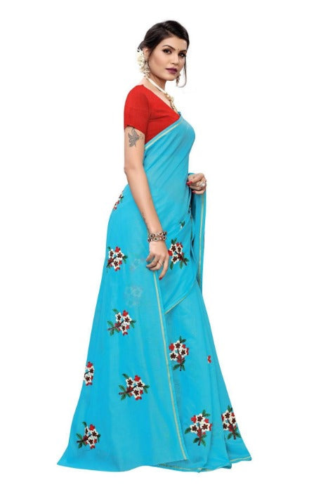 Vamika Chanderi Cotton Embroidery Sky Blue Saree (MOGRA SKYBLUE)