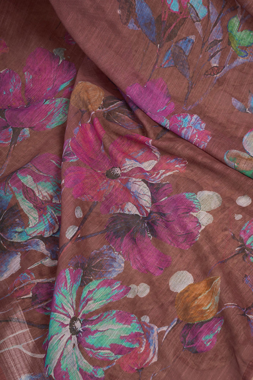 Vastranavya Coffee Digital Printed Linen Ready To Wear Designer Saree with Unstitched Blouse