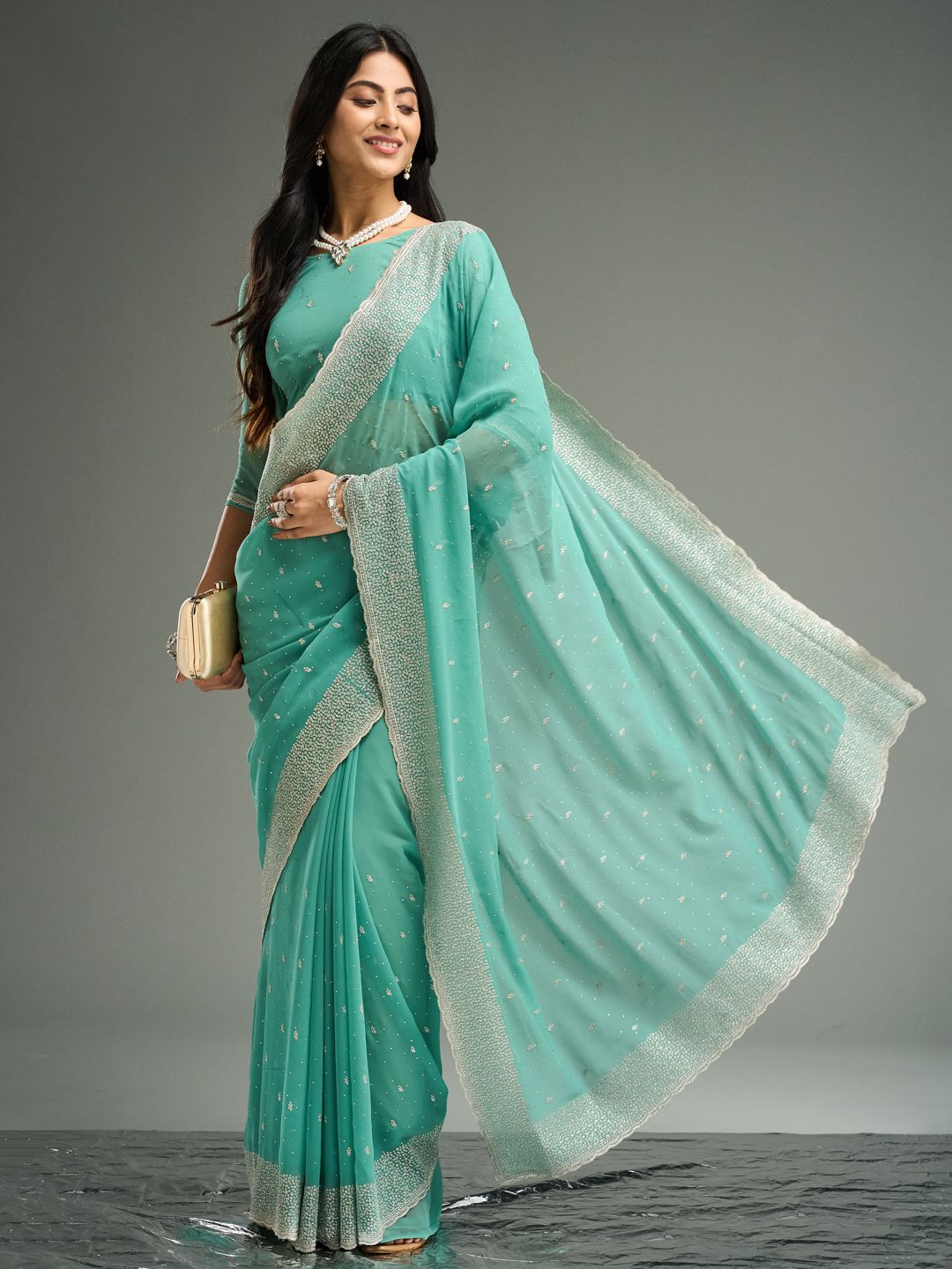 kasee Floral Embroidered Beads and Stones Pure Georgette Saree