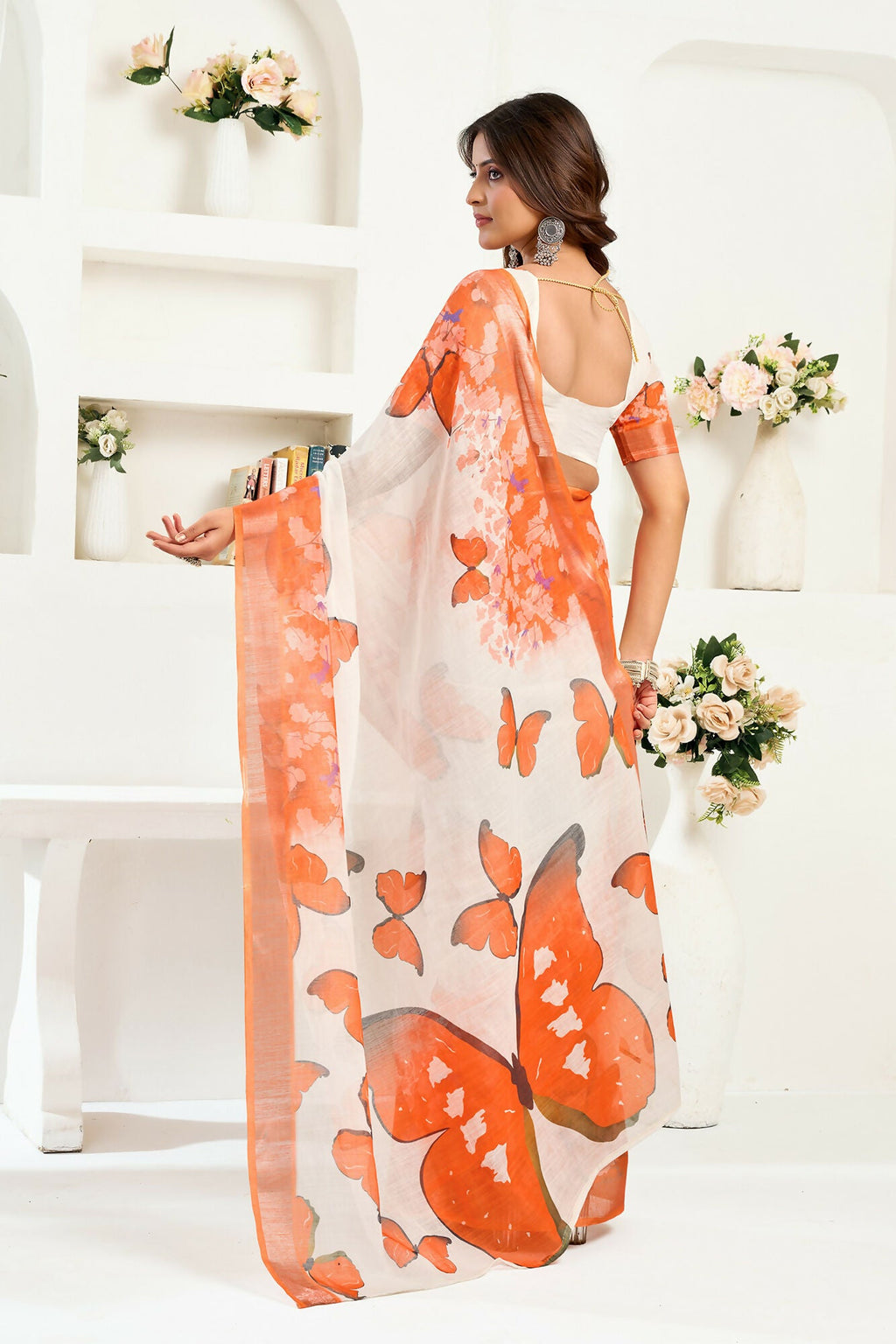 Vastranavya White Orange Digital Printed Linen Ready To Wear Designer Saree with Unstitched Blouse