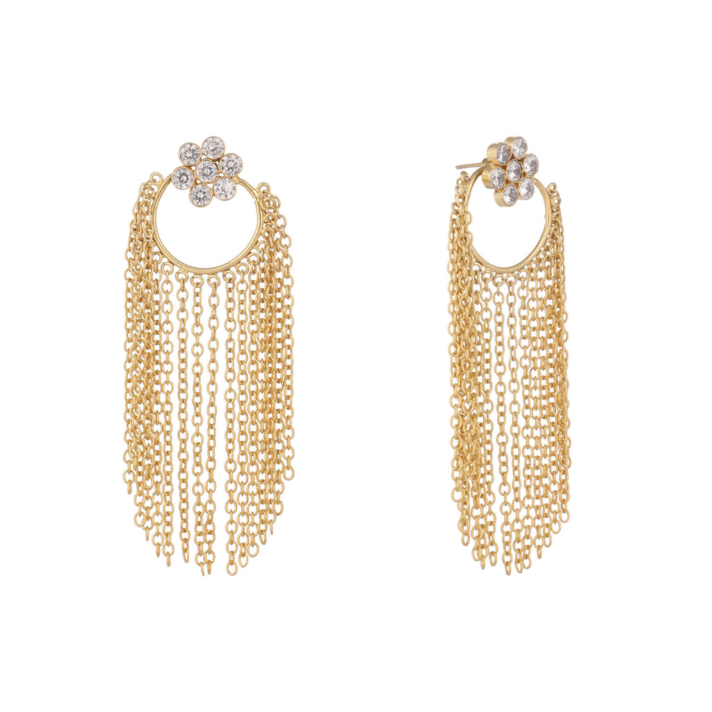 Nuyug 22K Gold Plated Crystal Studded Floral Stud Contemporary Dangler Earrings