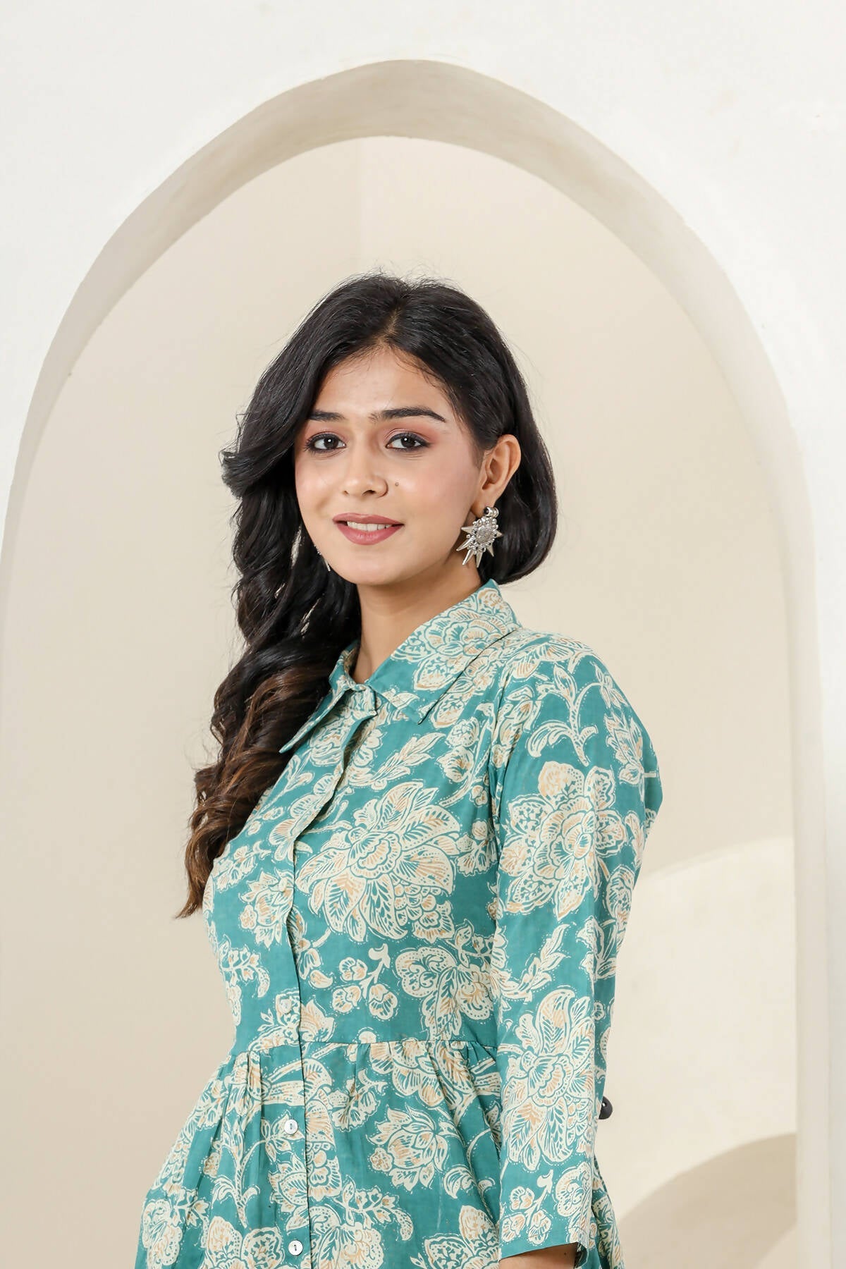 Kaajh Women's Turqouise Gold Print Cotton Co-ord Set