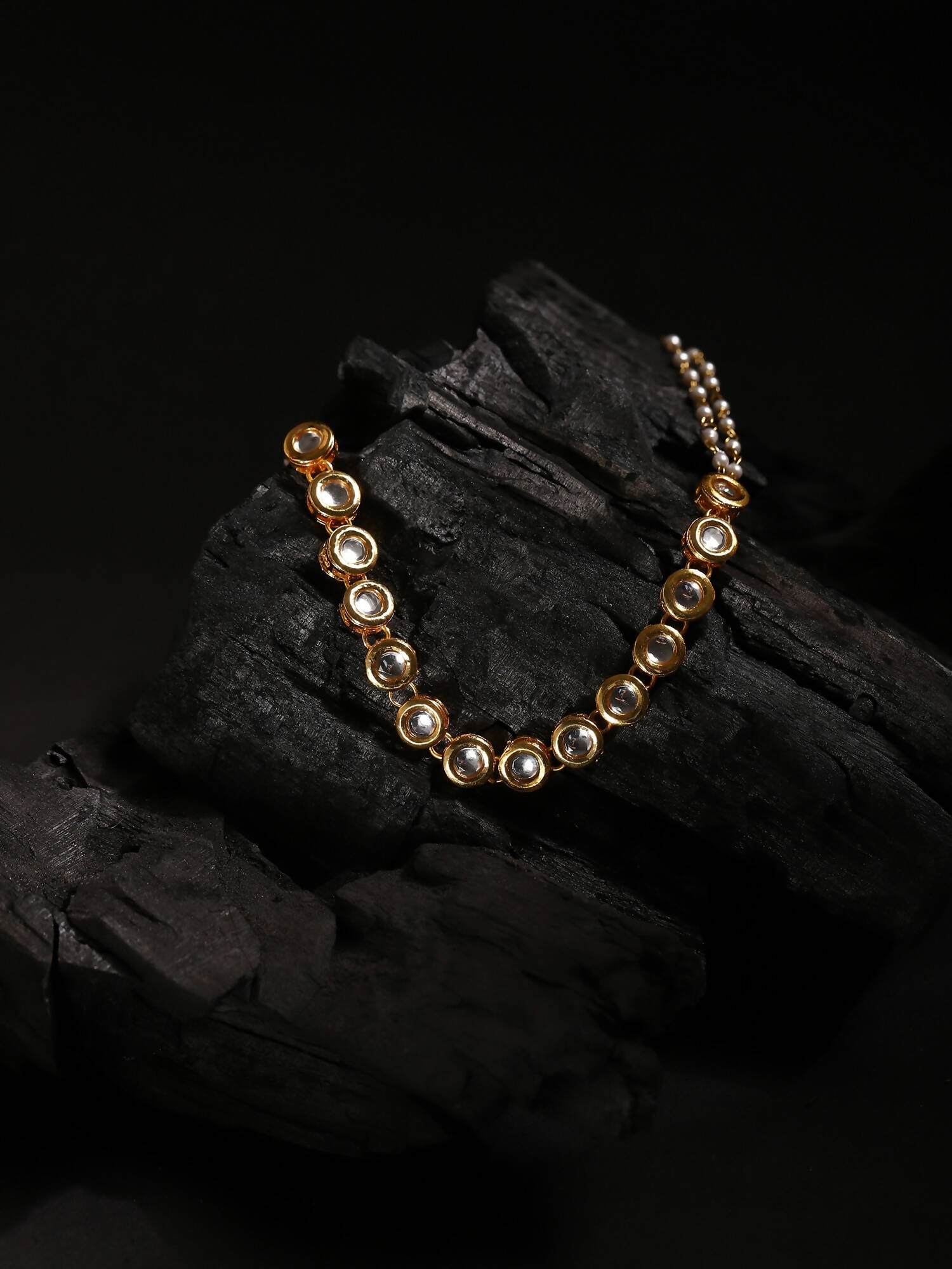 Gold-Polished White Kundan-Studded Pearl Beaded Matha Patti - Ruby Raang