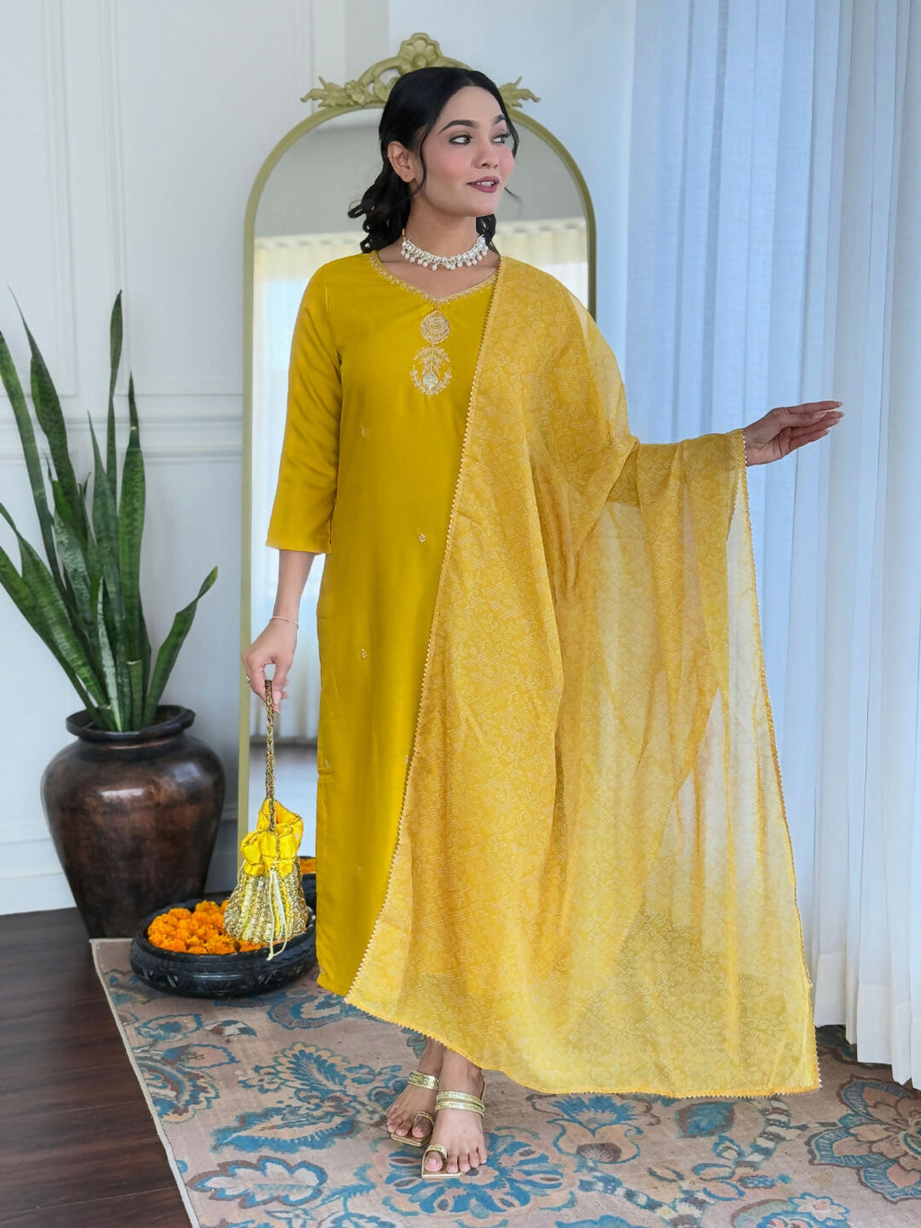 The52 Yellow Women's Beautiful Embroidered Rayon Fabric with Straight Kurta, Pant and Dupatta Set