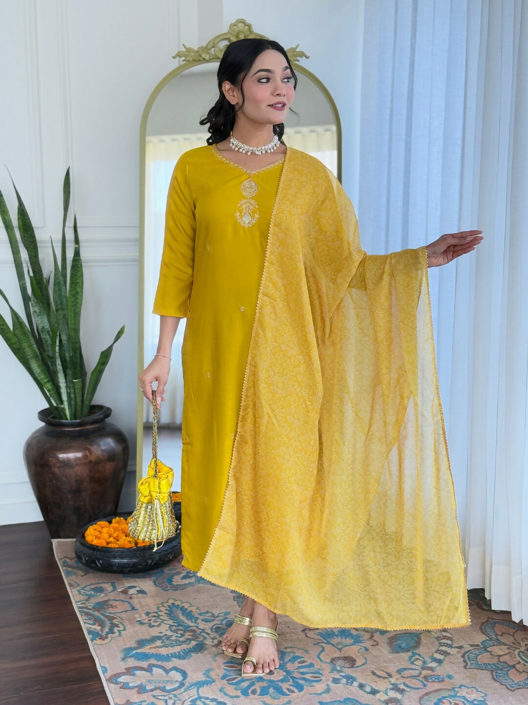 The52 Yellow Women's Beautiful Embroidered Rayon Fabric with Straight Kurta, Pant and Dupatta Set