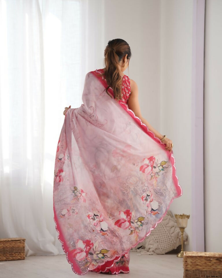Pink Chinon Designer Digital Printed & Mirror Cut Work Saree - Kriti