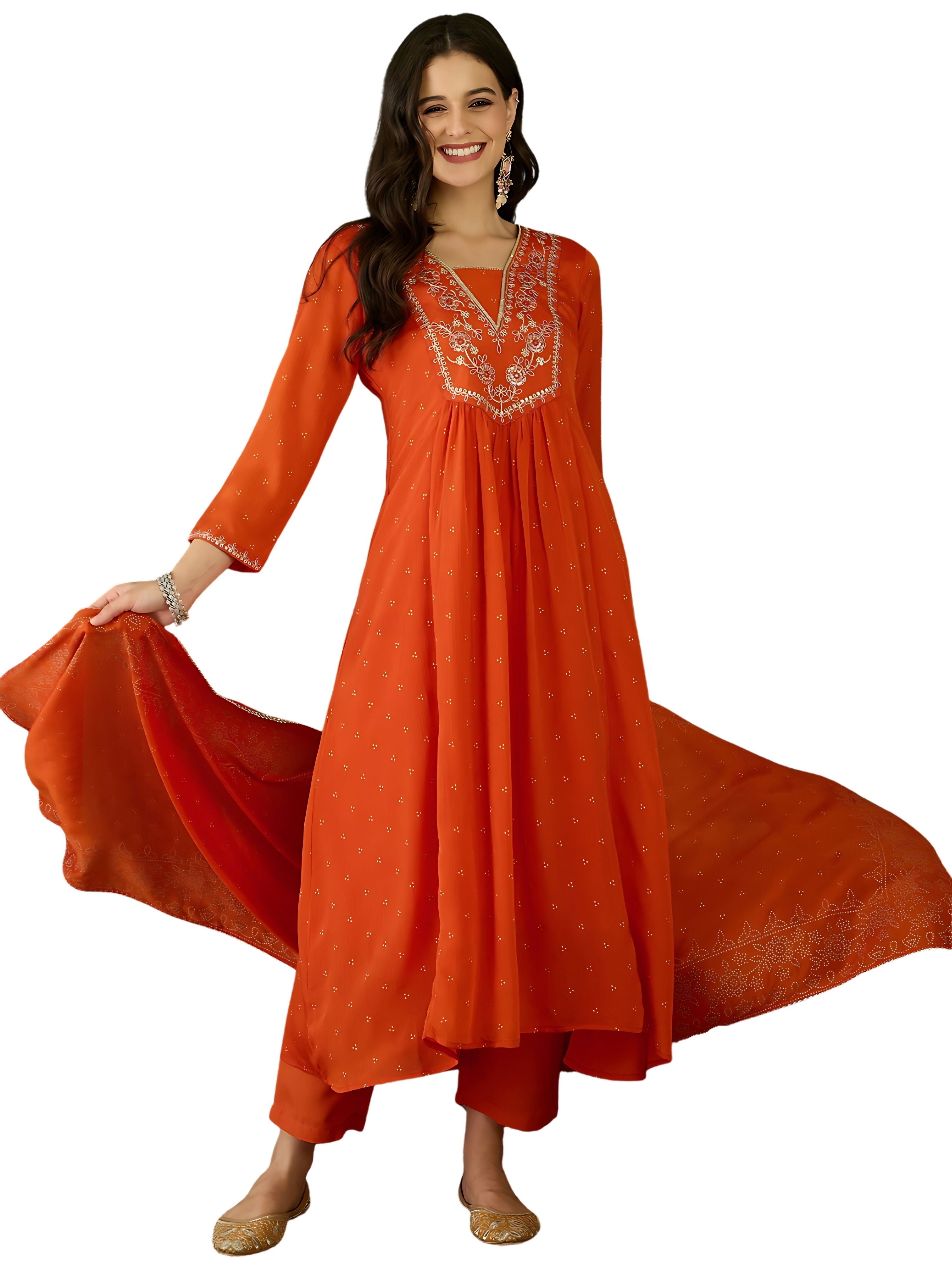 The52 Orange Women's Gorgeous Embroidered Chinon Fabric Flared Kurta Pant and Dupatta Set