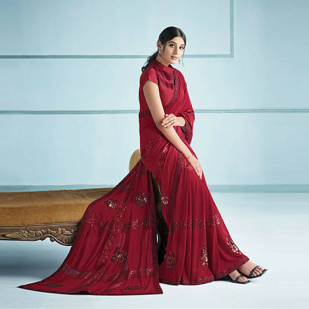Red Lycra Sequence Embroidery Saree with Unstitched Blouse Piece - Norita Elaura