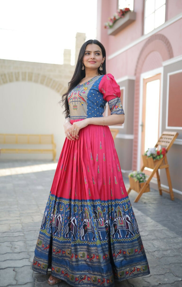 Jyoti Fashion Women's Rani Pink Patola with Foil Print Dola Silk Anarkali Dress