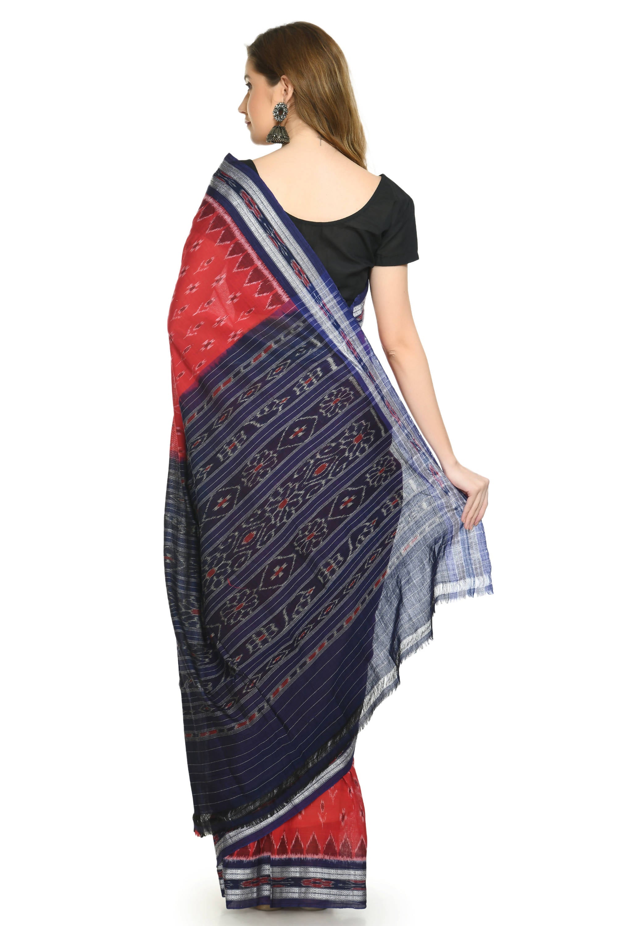 Vamika Sambalpuri Ikat Cotton Dehabandha Badafula Red & Blue Saree