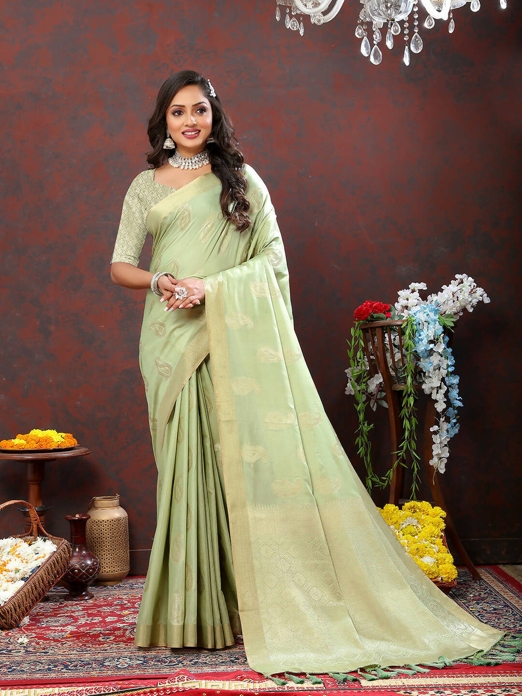 Lorenvalley Fashion Seagreen Cotton Woven Design with Zari Weaving Design Saree
