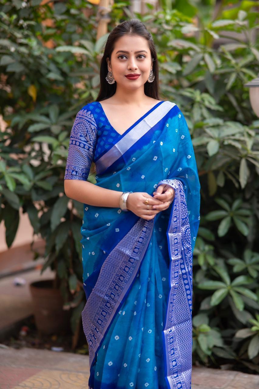 Blue Jute Silk Ethnic Motifs Saree with Unstitched Blouse - Hiral Fashion