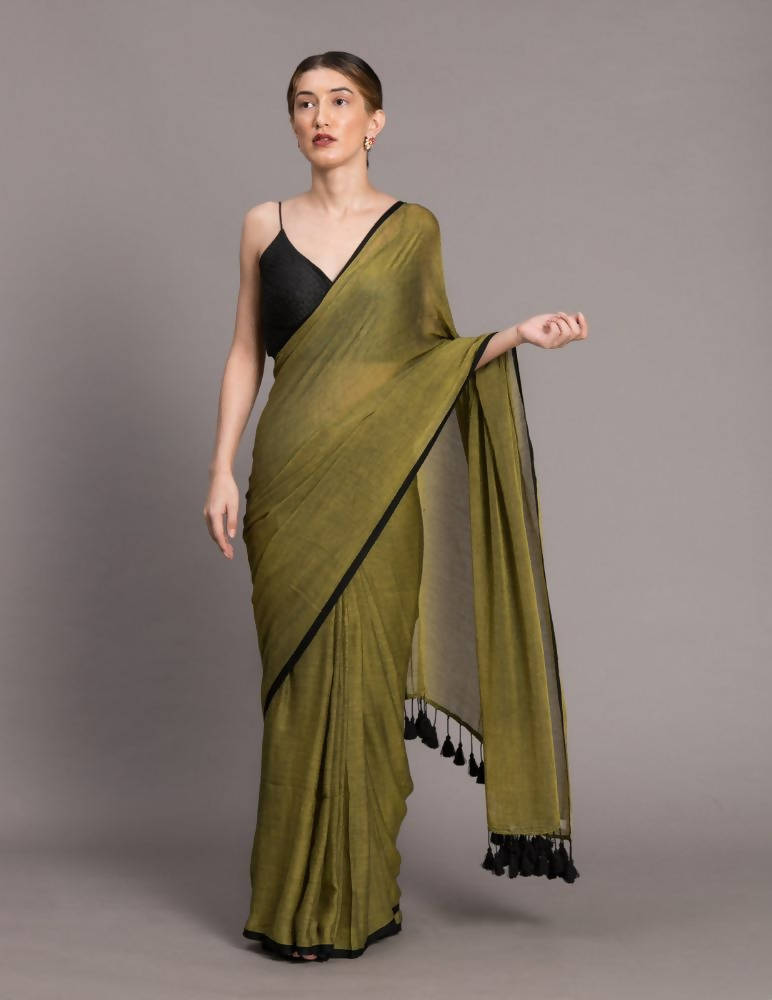 Suta Olive Green Black Solid Pure Cotton Saree