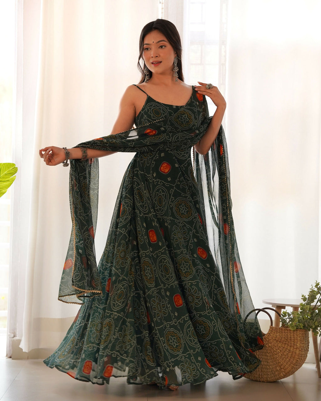 Joban Fashion Bottle Green Kurta Set Chiffon Sequin Embroidery Work