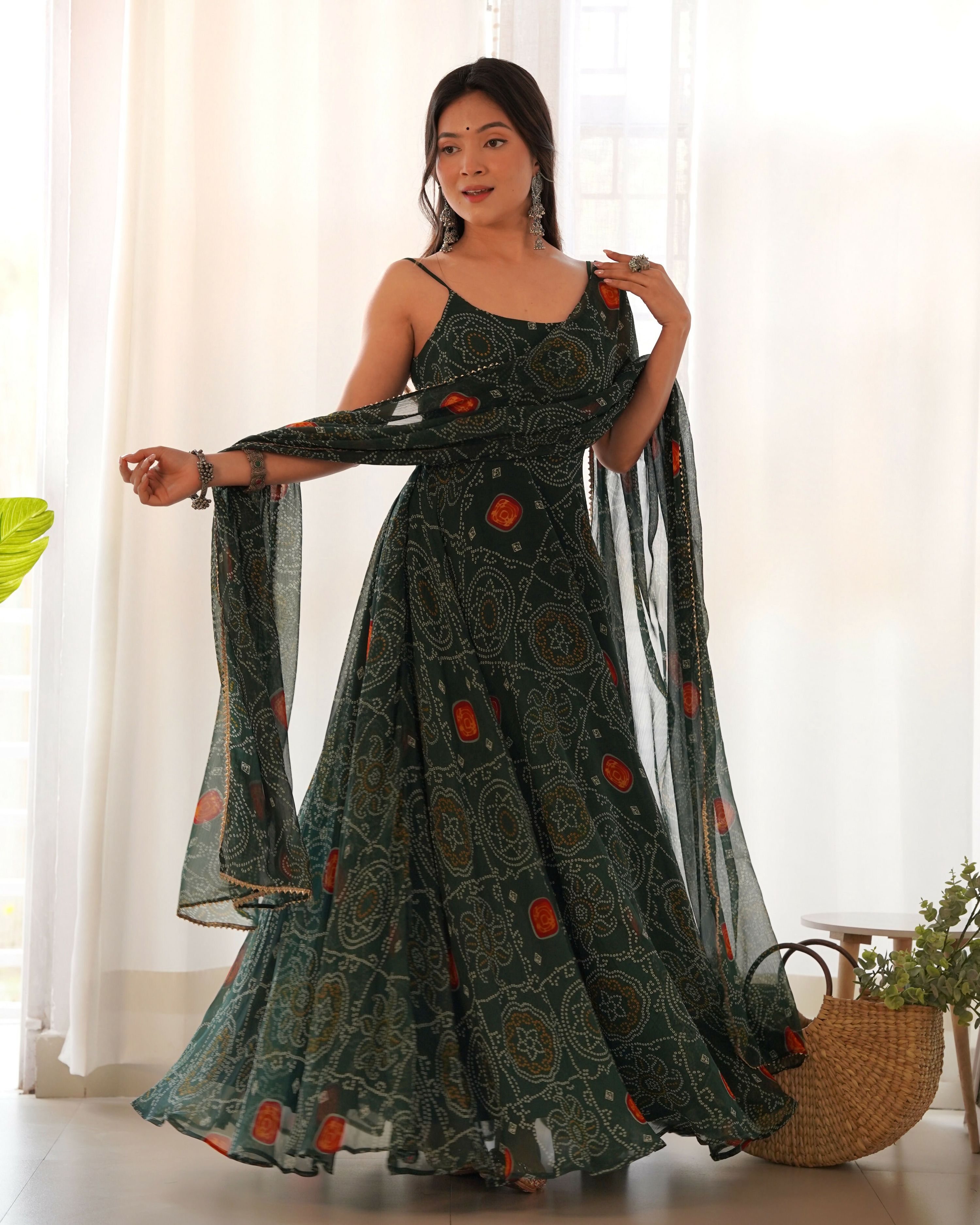 Joban Fashion Bottle Green Kurta Set Chiffon Sequin Embroidery Work