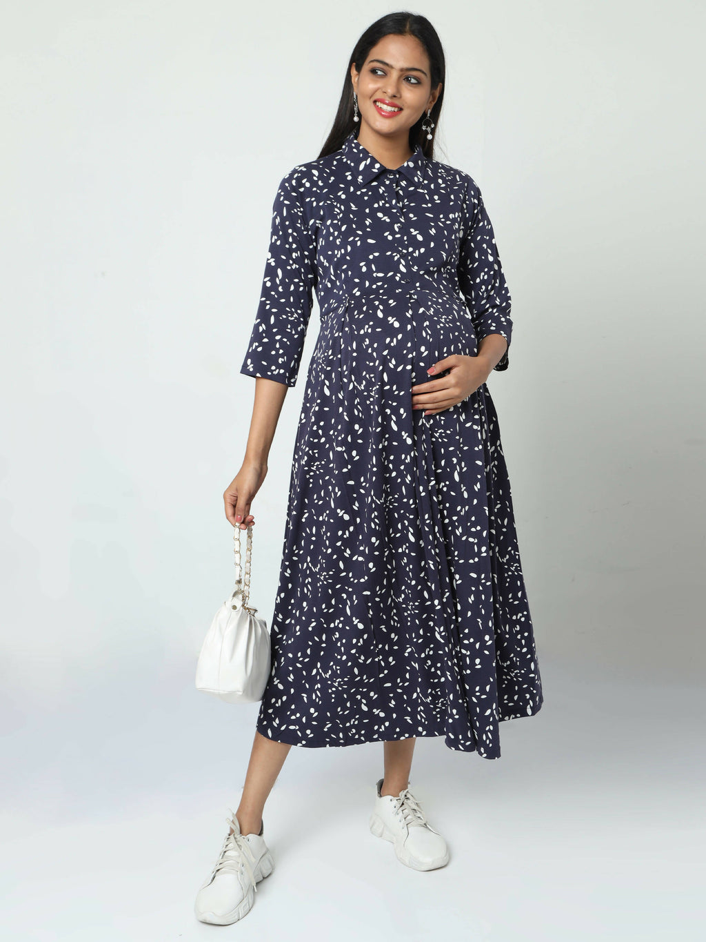 Manet Three Fourth Maternity Dress White Dot Print With Concealed Zipper Nursing Access - Navy Blue