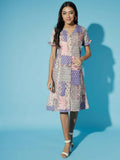 Myshka Women Multi Geometric Rayon A-Line Round Neck Dress