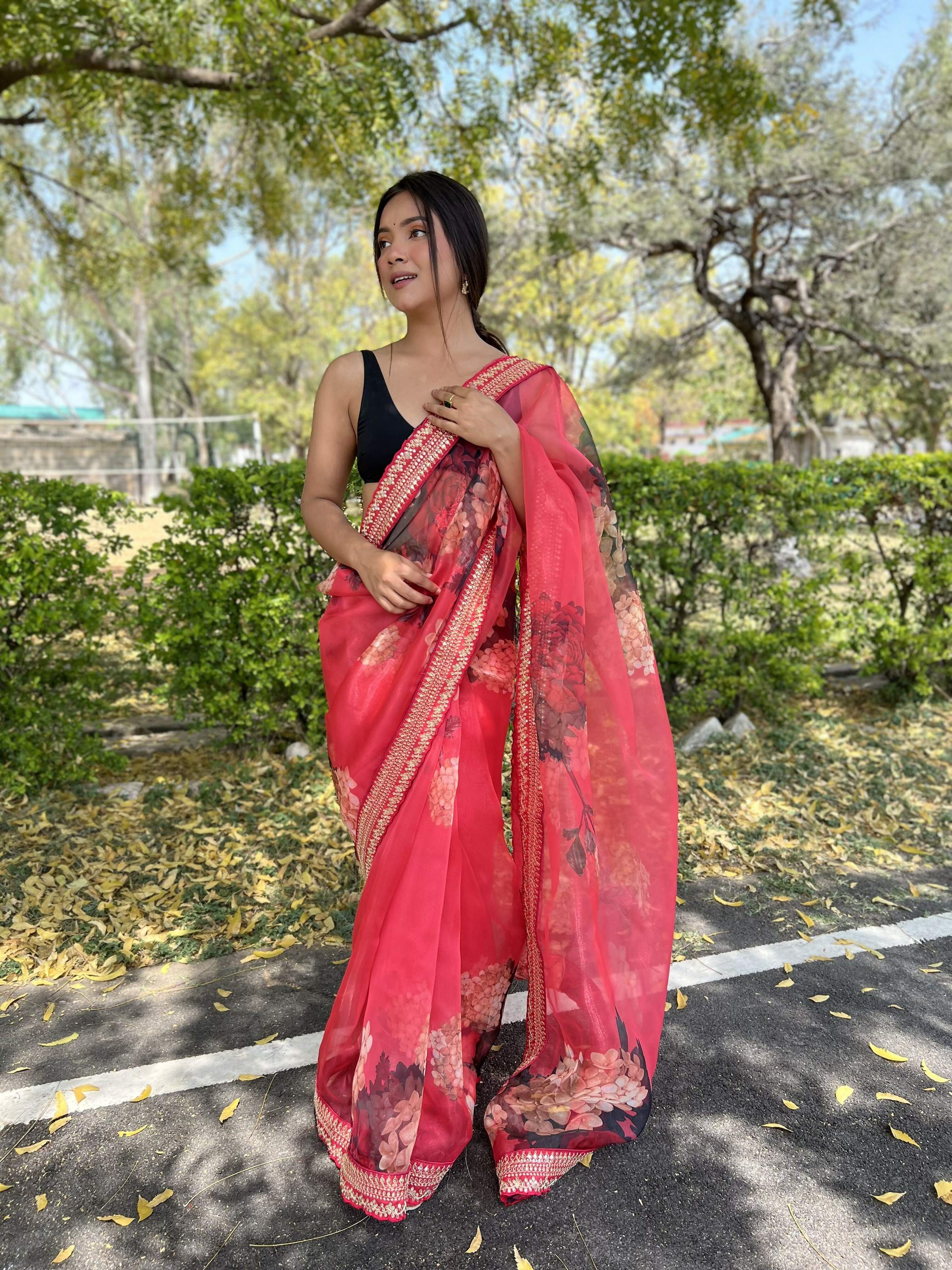 Vamsee Kali Patti Red Organza Saree