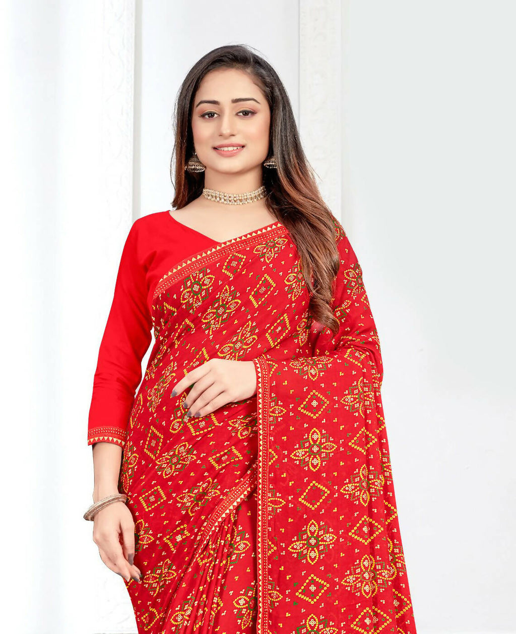Red Georgette Bandhani Printed Saree With Unstitched Blouse Piece - Jyoti
