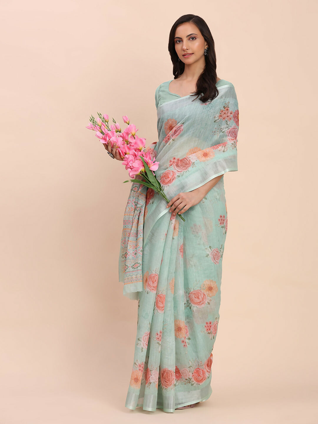 Shree Shyam Fashion Linen Cotton Sea Green Saree