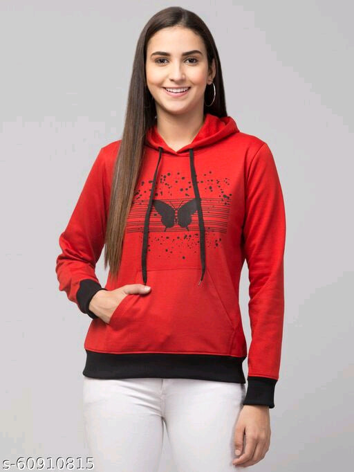PAVONINE Red Color Butterfly-Design Pullover Hoodie Sweatshirt For Girls