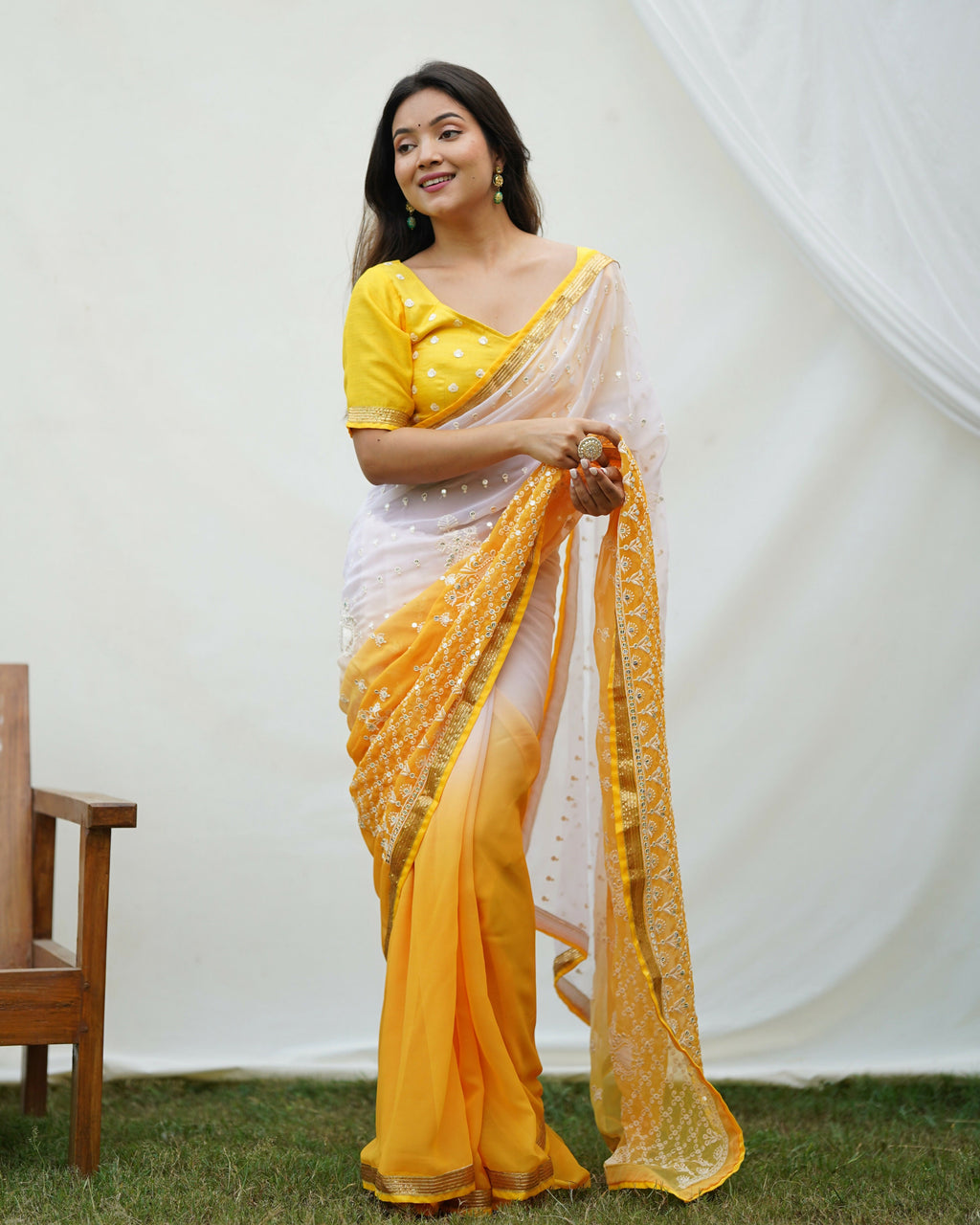 Vamsee Yellow Sequence 2 Yellow & White Georgette Saree
