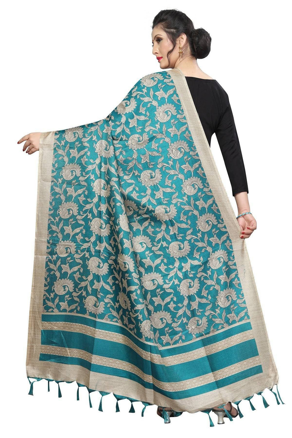 Vamika Rama Green Designed Printed Khadi Bhagalpuri Dupatta