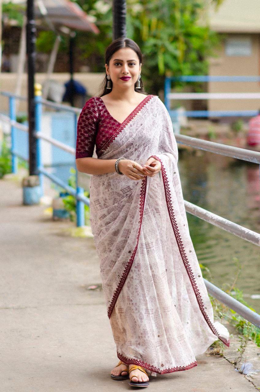 maroon Pure Georgette Warli Saree with Unstitched Blouse - Hiral Fashion