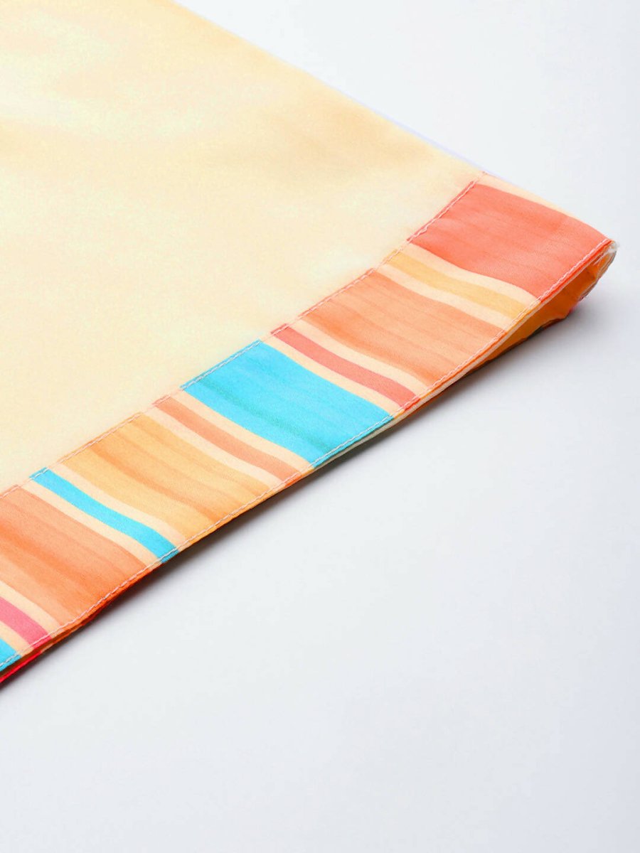 Ahalyaa Peach-Coloured & Blue Printed Striped Asymmetric Taselled Kaftan Kurta Palazzos