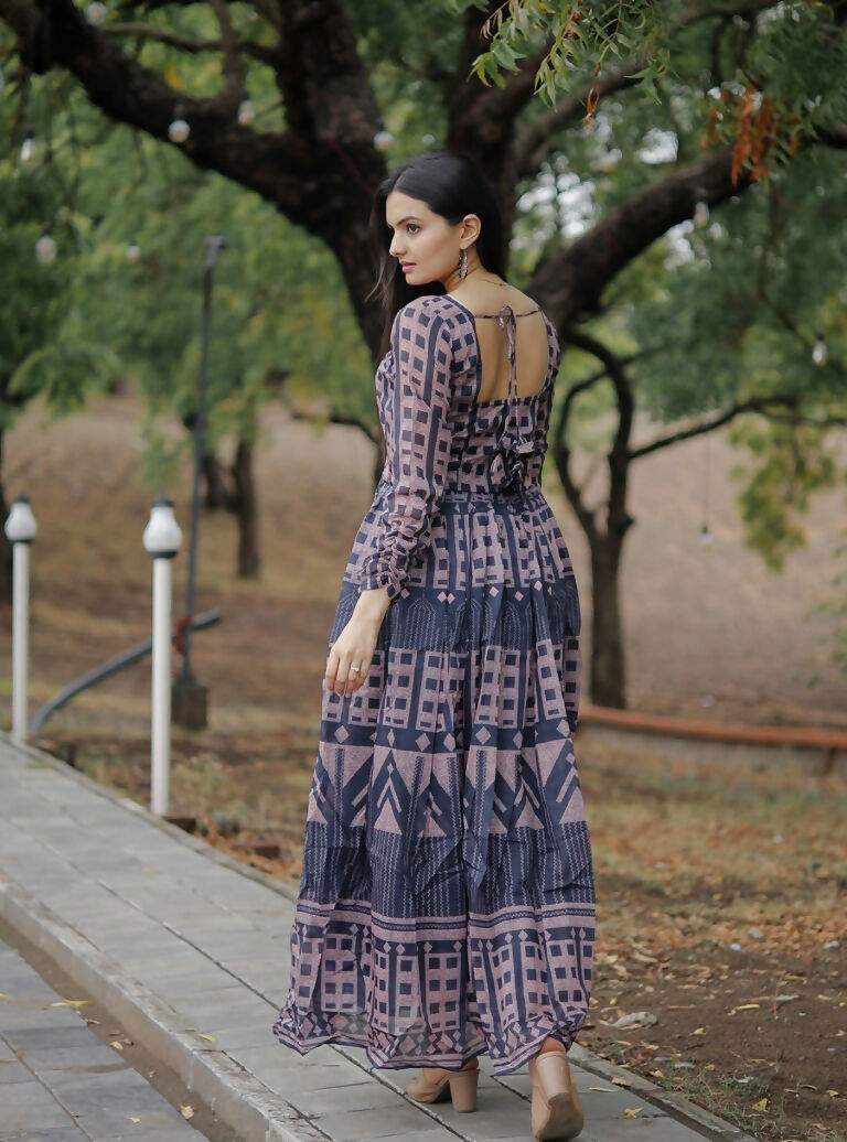 Jyoti Fashion Women's Navy Blue Heavy Digital Printed Pure Chanderi Anarkali Dress