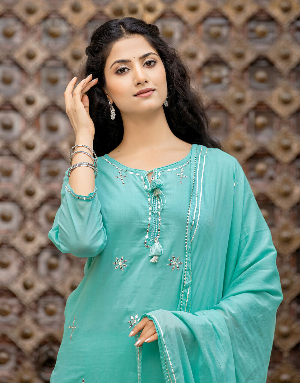 Kaajh Women's Sky Blue Mirror Embellished Cotton Suit Set