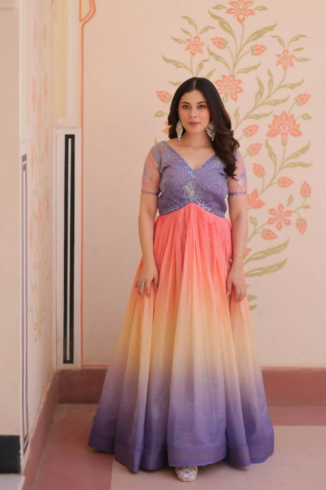 Vastranavya Purple Gold Crush Padding With Beads Embroidered Work Gown