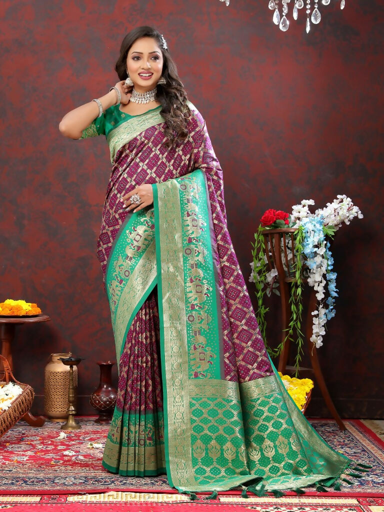 Vastranavya Purple Soft Patola Silk With Meenakari Weaving Motifs And Rich Zari Weaving Pallu Saree With Matching Blouse Fabric