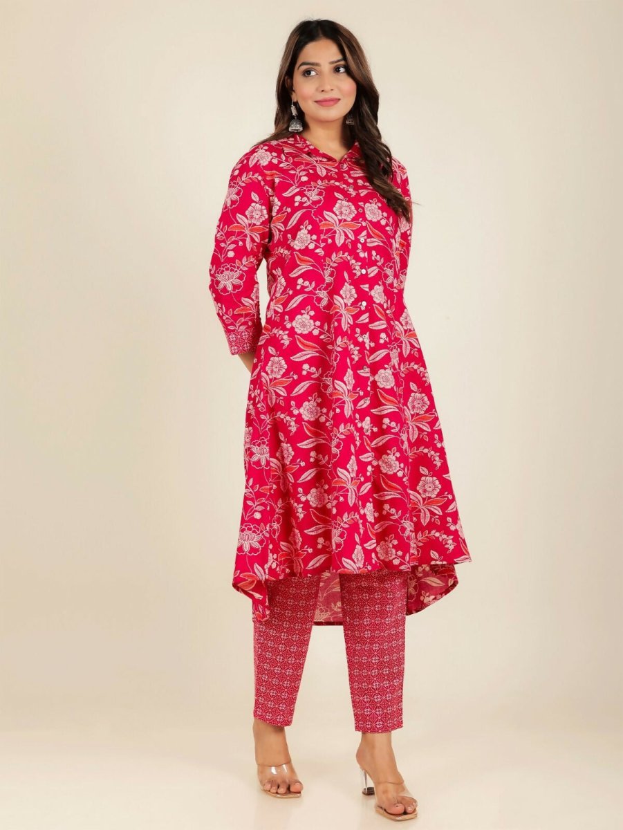 Aramya Red Soft Cotton Floral Print High Low Kurta Pant Set for Women
