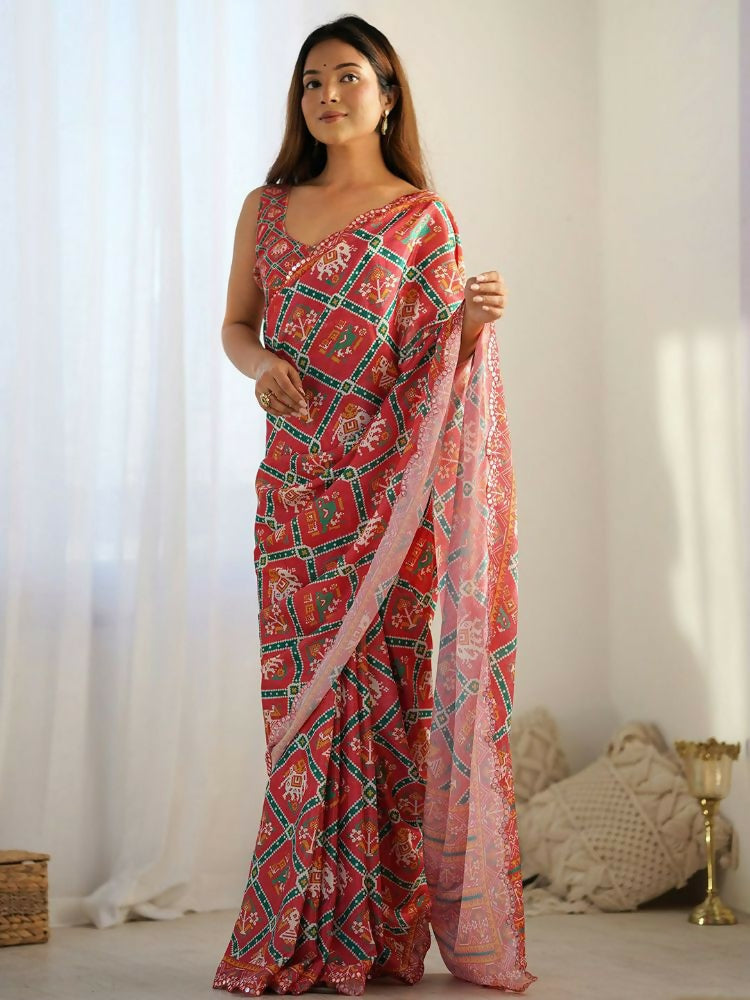 PR Fashion Red Georgette Digital Print With Mirror Work Saree