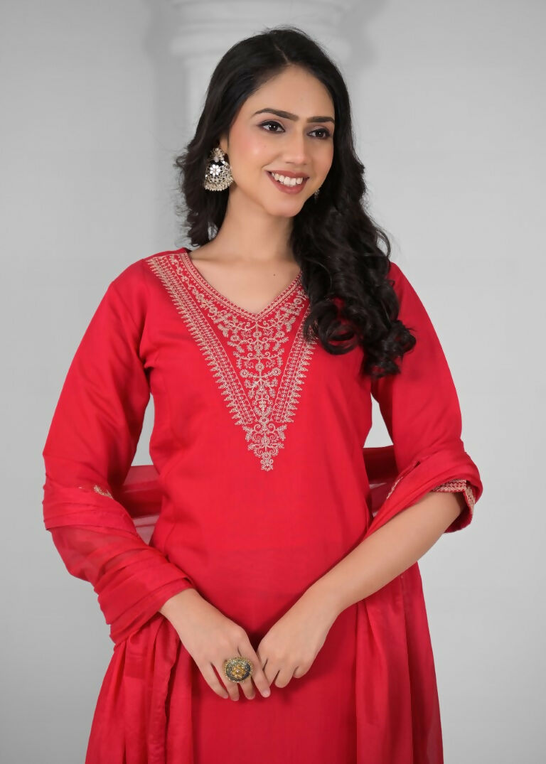 Ethnic Festive Wear Chanderi Viscose Red Stitched Suit With Dupatta - Tanisha