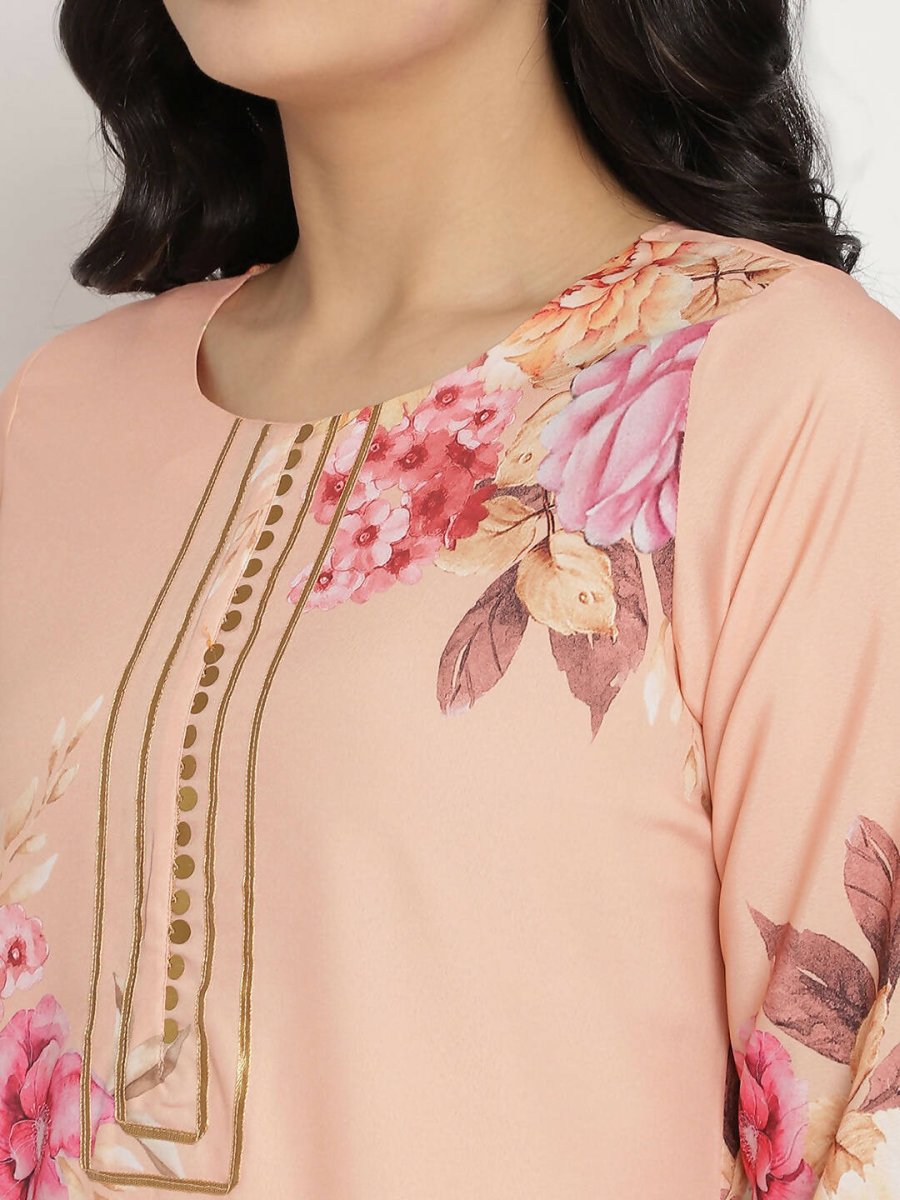 Ahalyaa Women Peach-Coloured Floral Printed Kurta Palazzo Set With Dupatta