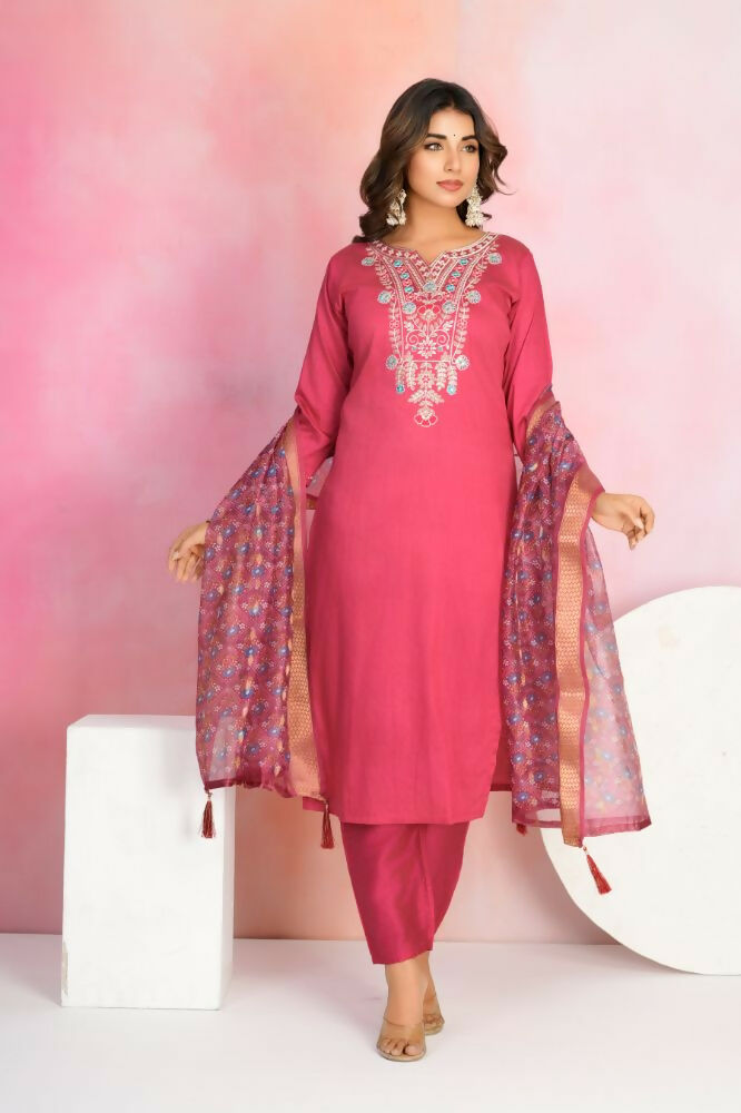 Ethnic Festive Wear Chanderi Red Stitched Suit With Dupatta - Tanisha