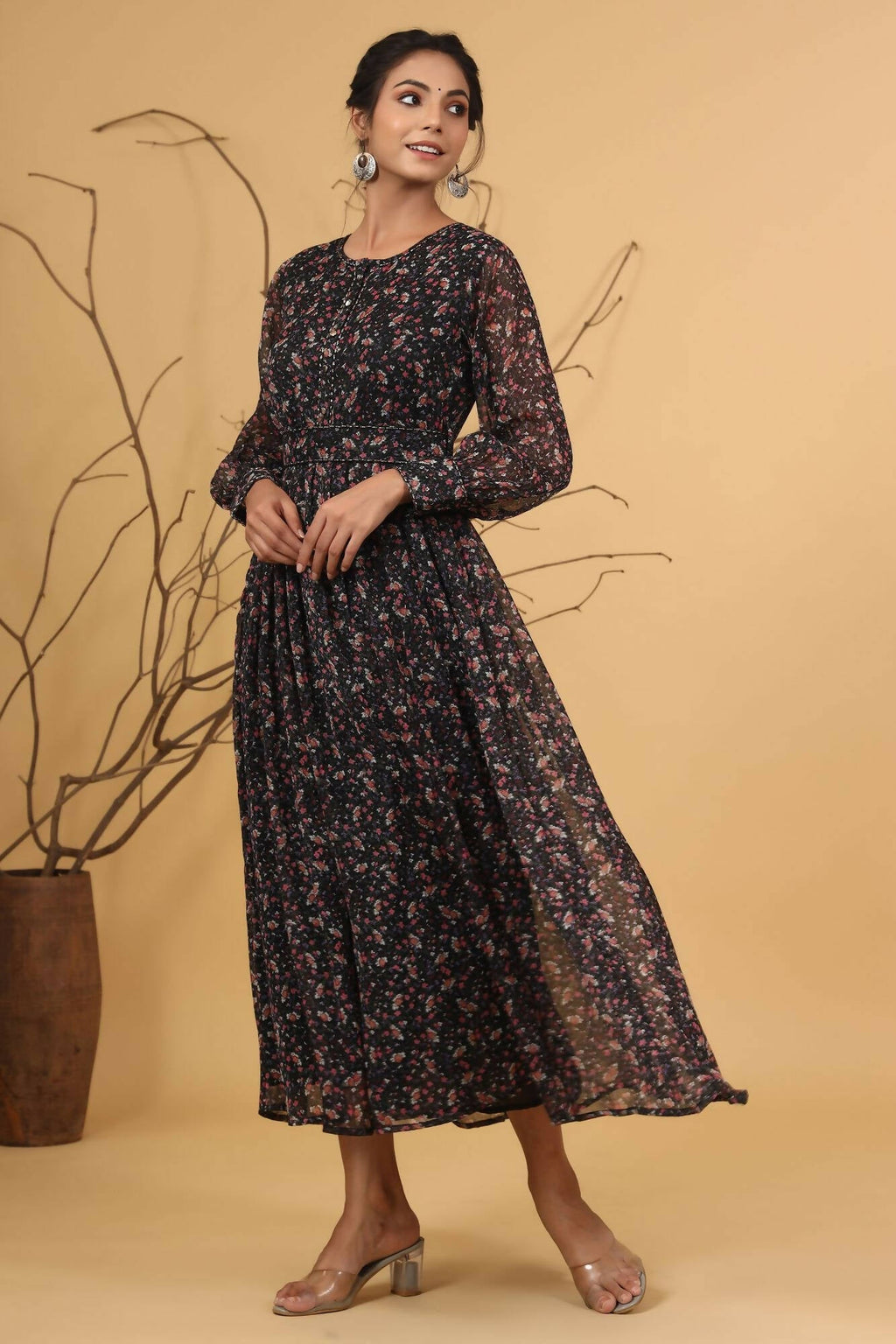 Juniper Women Navy Chiffon Printed Flared Dress