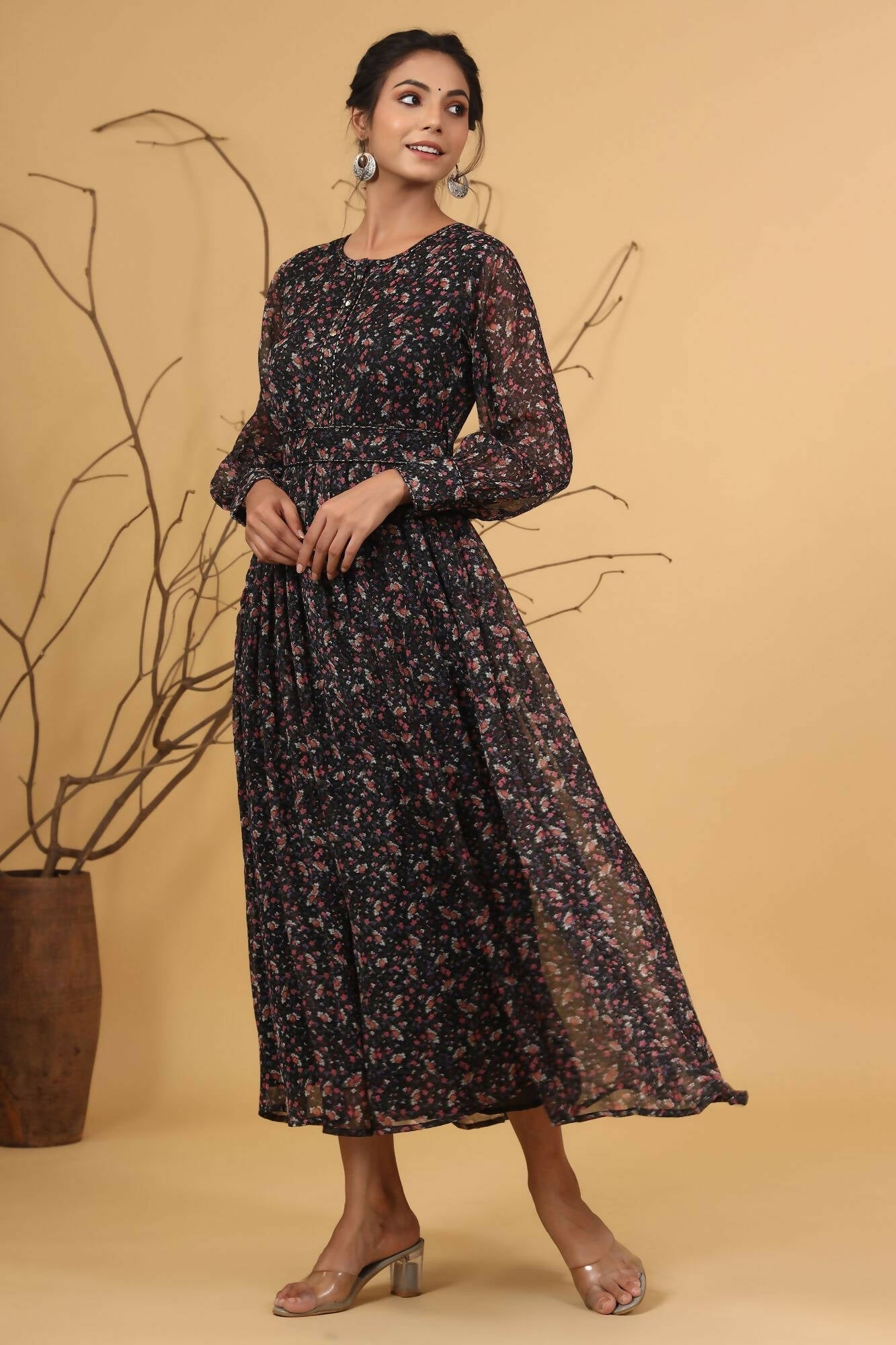 Juniper Women Navy Chiffon Printed Flared Dress