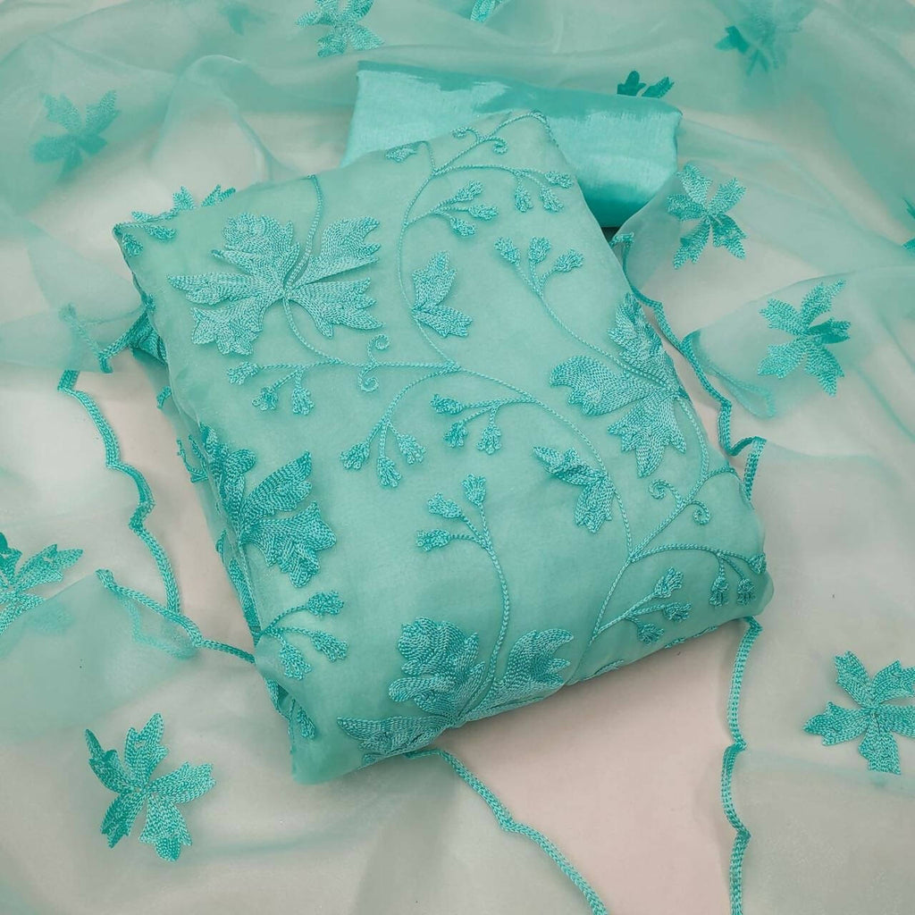 Sky Blue Heavy Organza Silk Embroidered Unstitched Dress Material - Amara