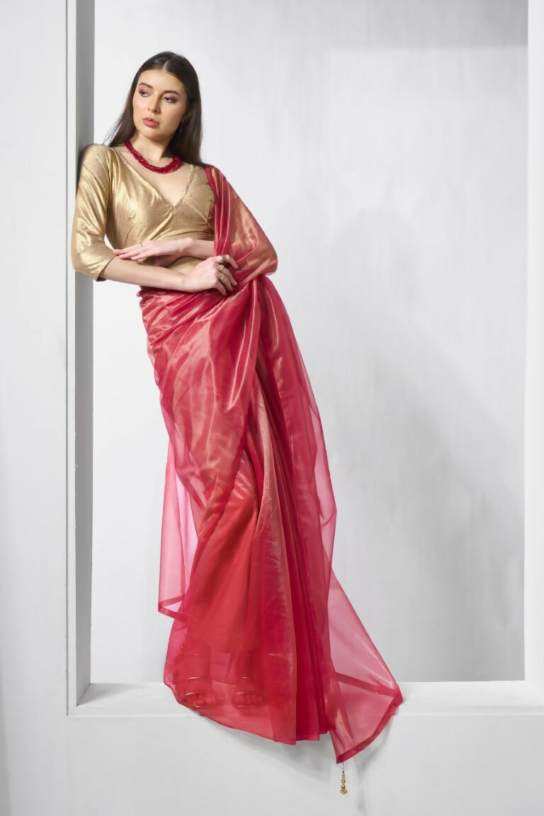 Red Gold Tissue Net Solid & Gold Cotted Saree - Samaa