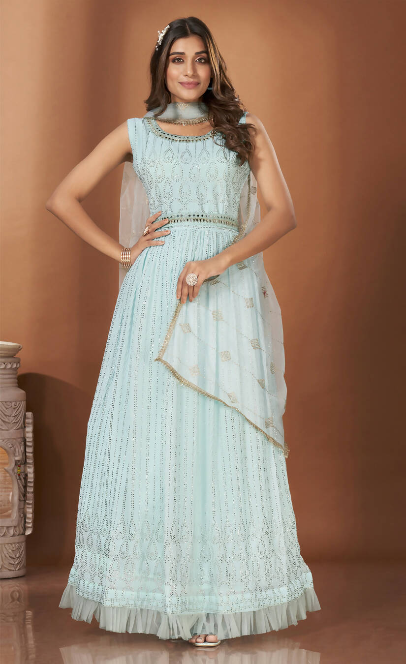 Blue Georgette Crush Mirror Work Gown With Duppatta - Shaili