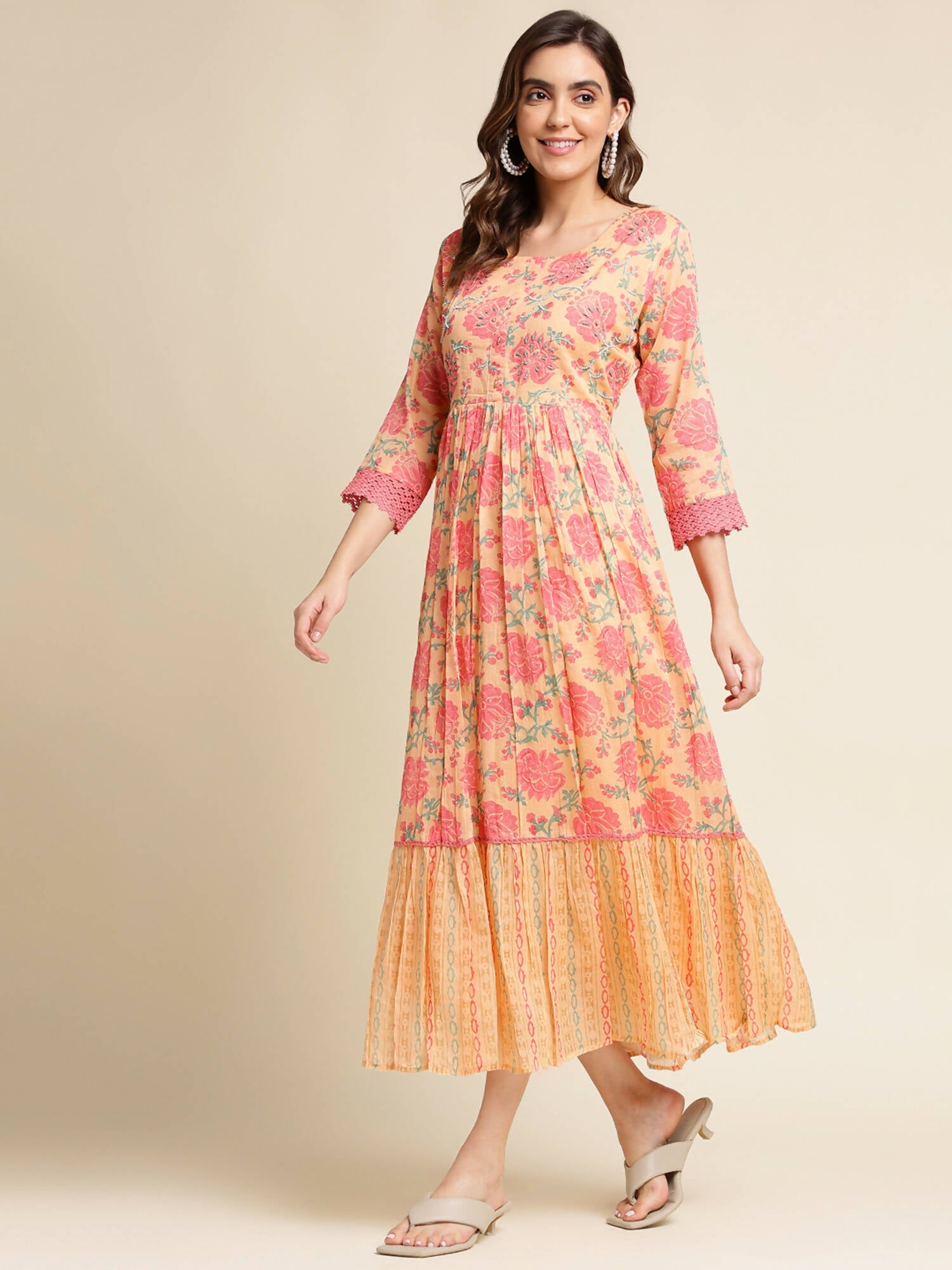 Peach Cotton Floral Printed Fit & Flare Dress - Yukti