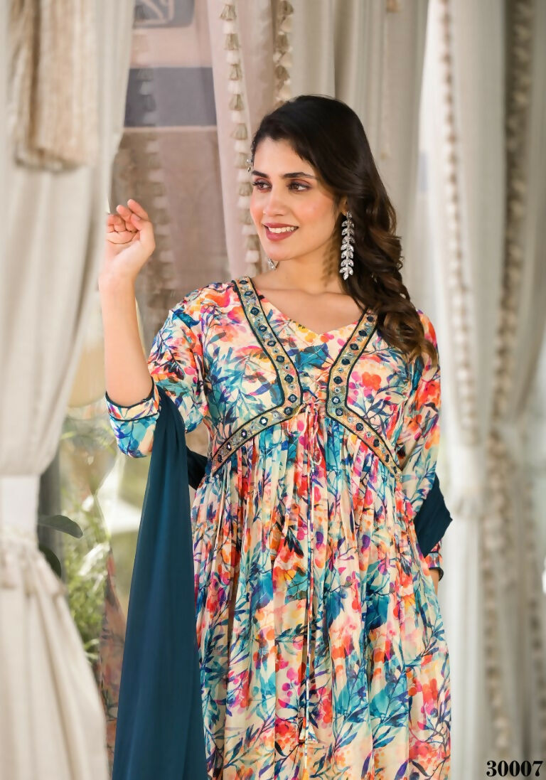 Designer Stylish Multi Slim Georgette Stitched Suit With Dupatta - Kiyara