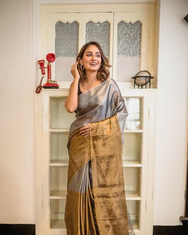 Exclusive Collection Beautiful Gray Copper Tissue Silk Hand Weaving Handloom Saree With Running Blouse Piece