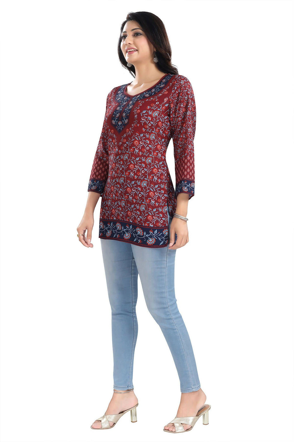 Snehal Creations Magical Maroon Summer Cool Printed Short Kurti Tunic Top